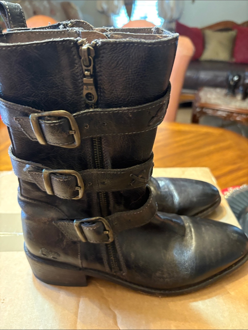Bed Stu Black Leather Triple-Buckle Combat Boots